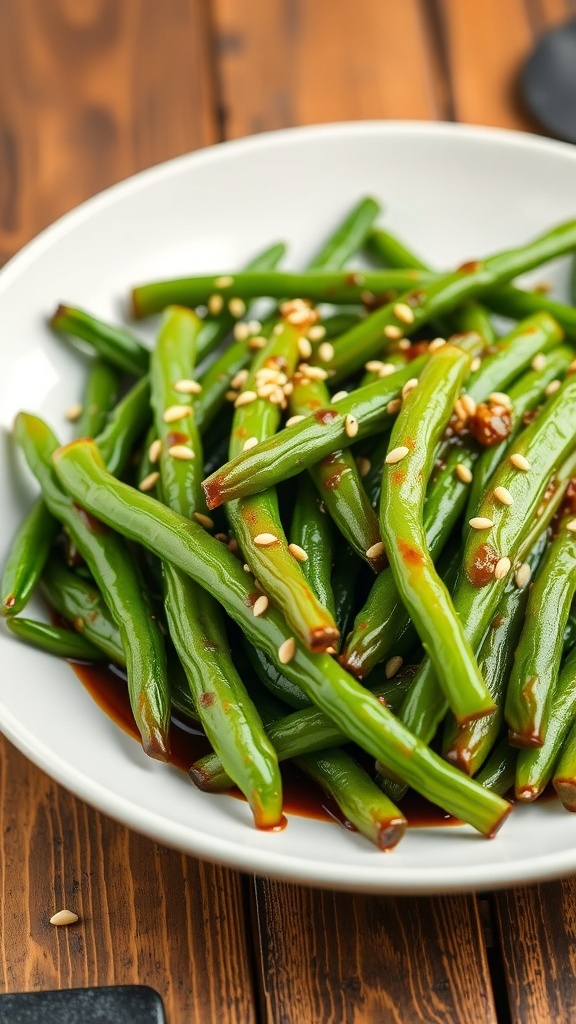 Air fryer green beans with soy sauce glaze, garnished with sesame seeds on a rustic wooden table.